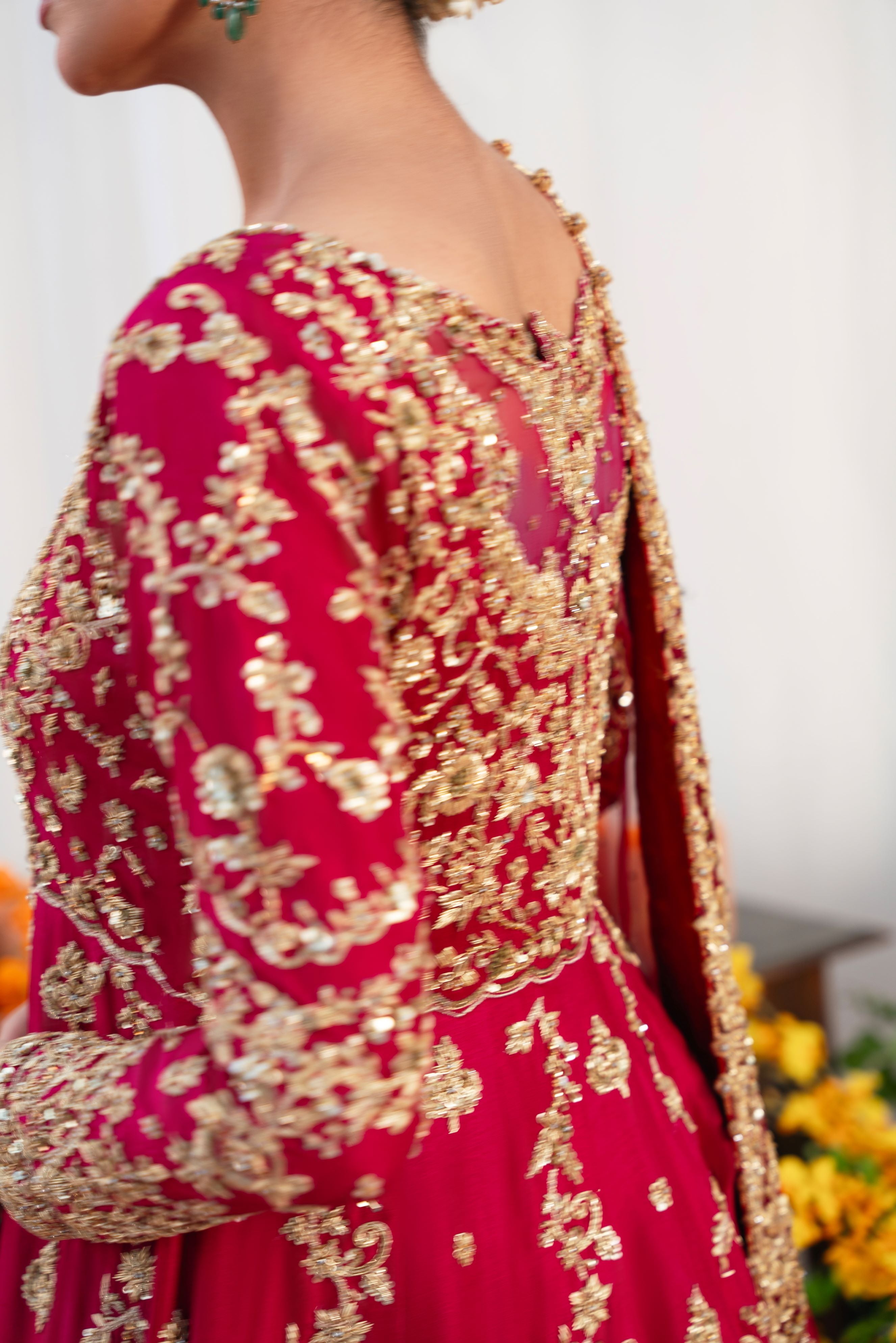 Pakistani Maroon Gold Ada Work Silk Kalidaar Pishwas (3-Piece) - Image 4