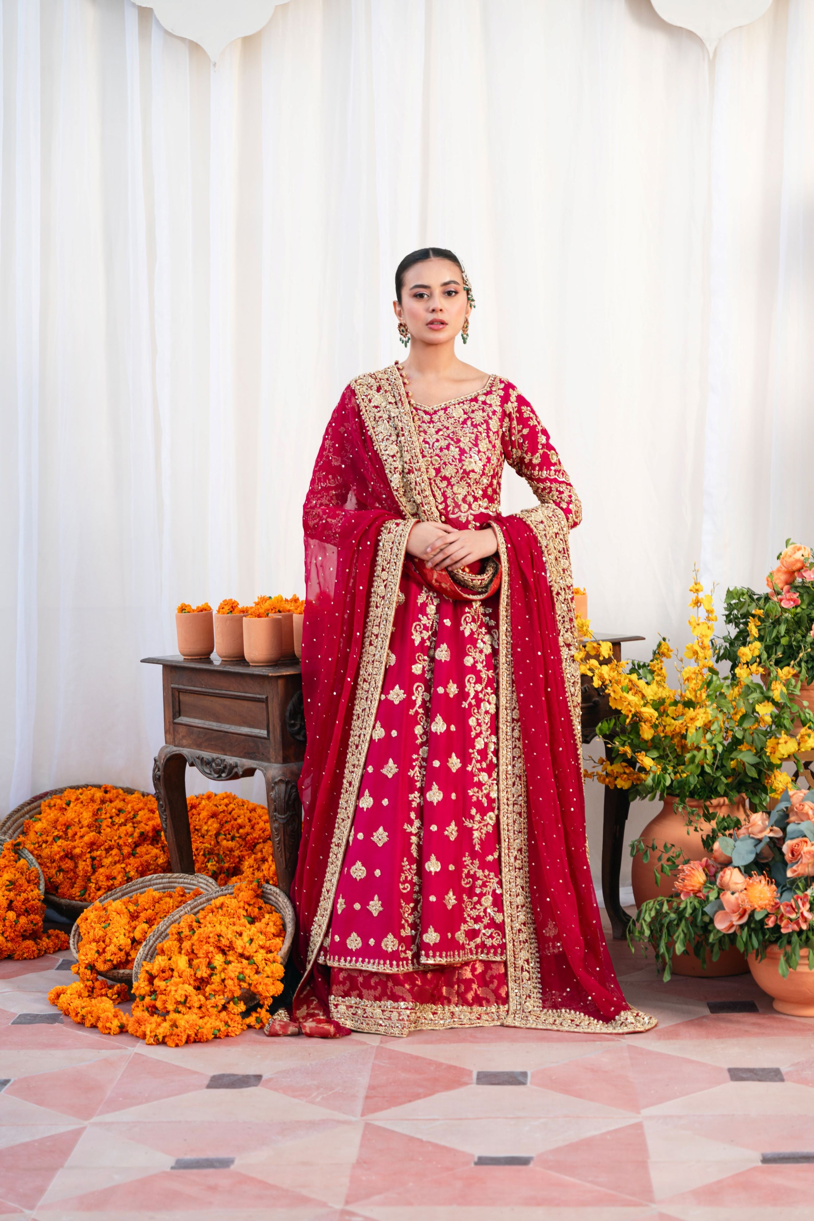 Pakistani Maroon Gold Ada Work Silk Kalidaar Pishwas (3-Piece) - Image 5