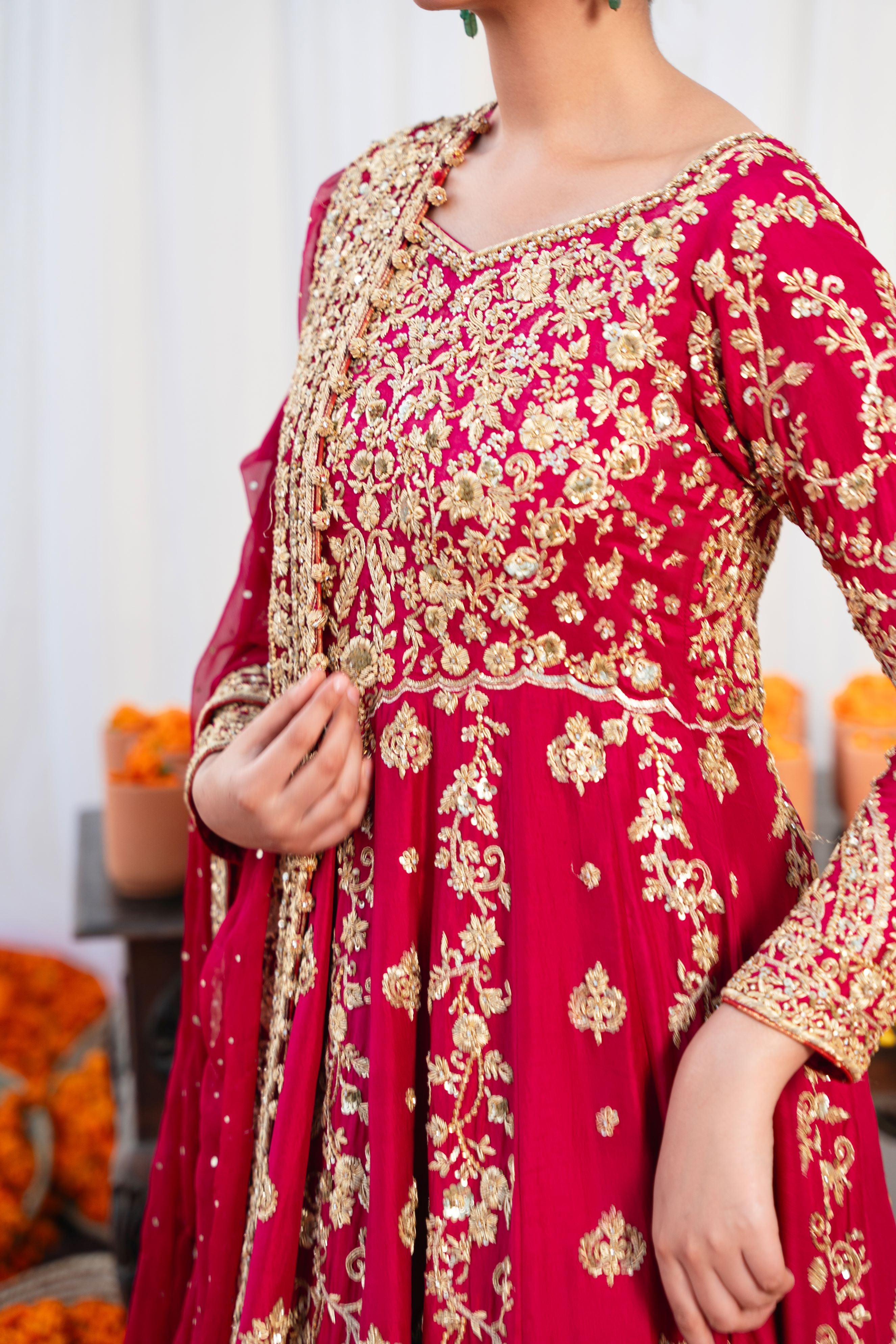 Pakistani Maroon Gold Ada Work Silk Kalidaar Pishwas (3-Piece) - Image 7