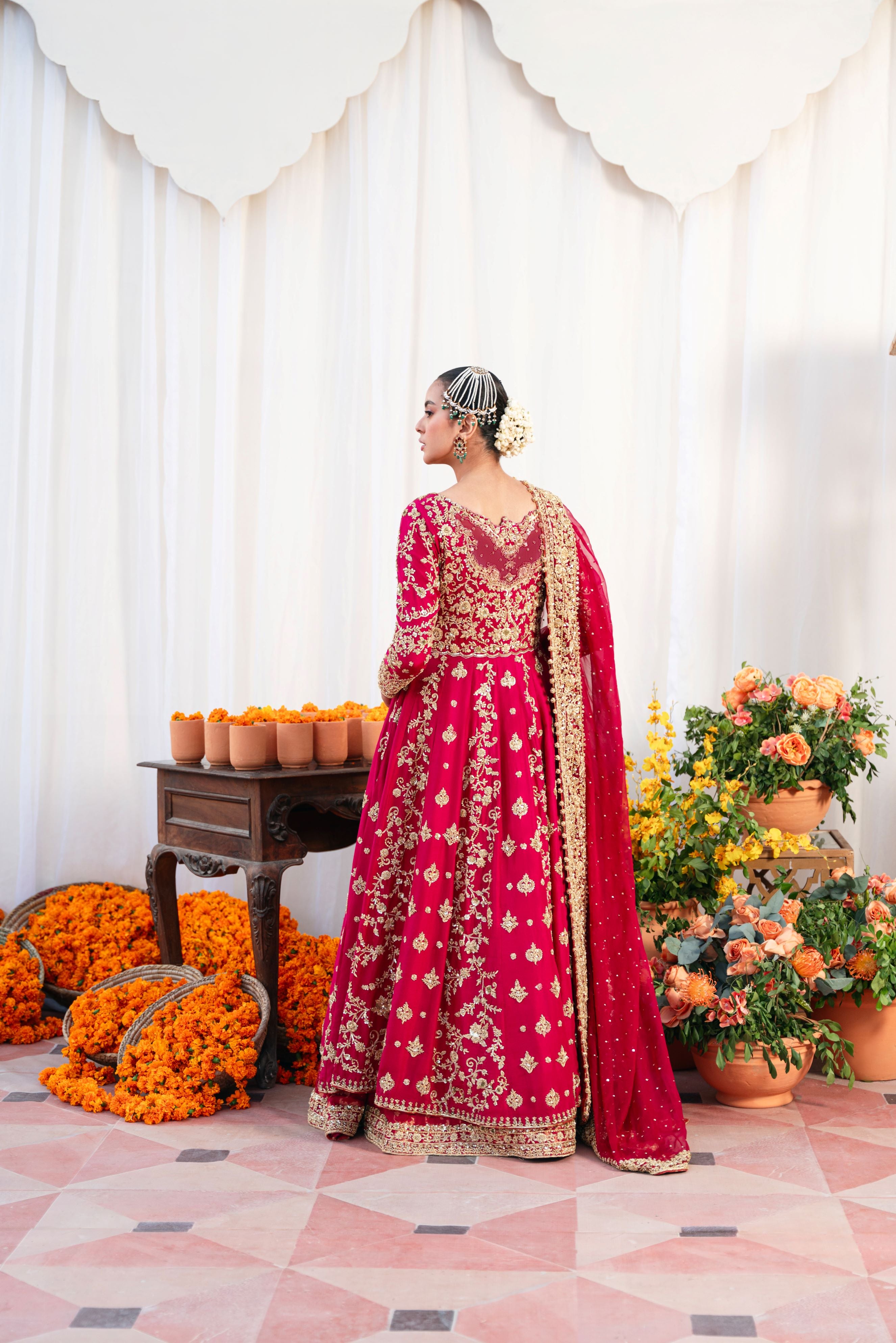 Pakistani Maroon Gold Ada Work Silk Kalidaar Pishwas (3-Piece) - Image 8