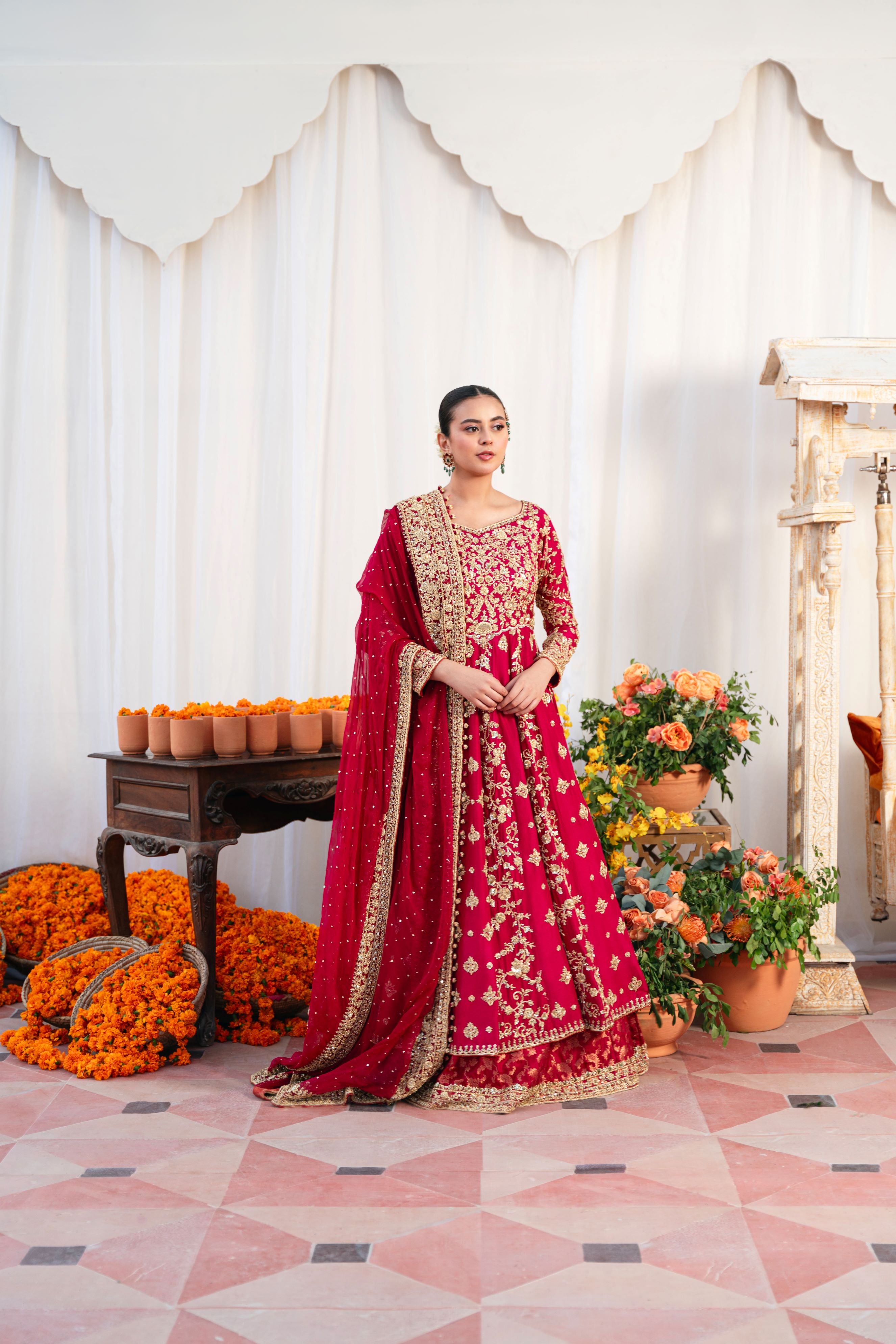 Pakistani Maroon Gold Ada Work Silk Kalidaar Pishwas (3-Piece) - Image 9