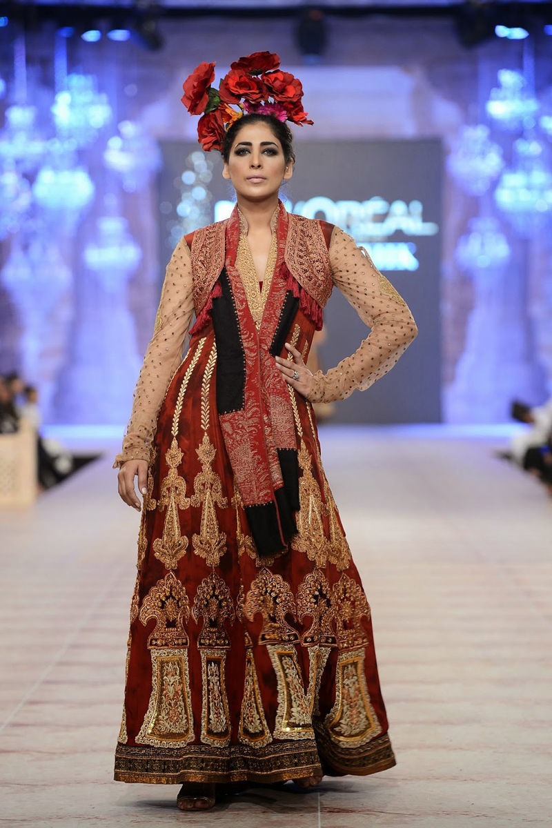 Pakistani Dark Maroon Embroidered Raw Silk Bridal Pishwas (1-Pc) - Image 1