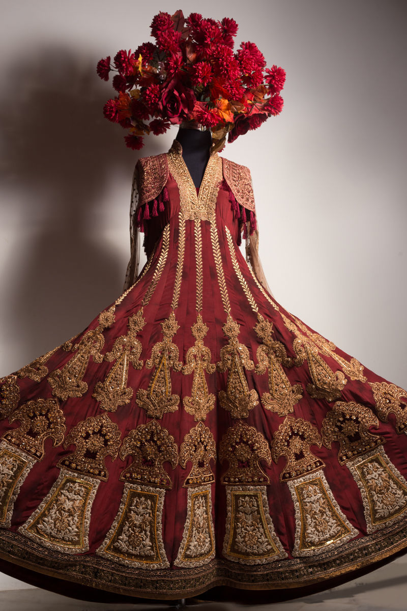 Pakistani Dark Maroon Embroidered Raw Silk Bridal Pishwas (1-Pc) - Image 2