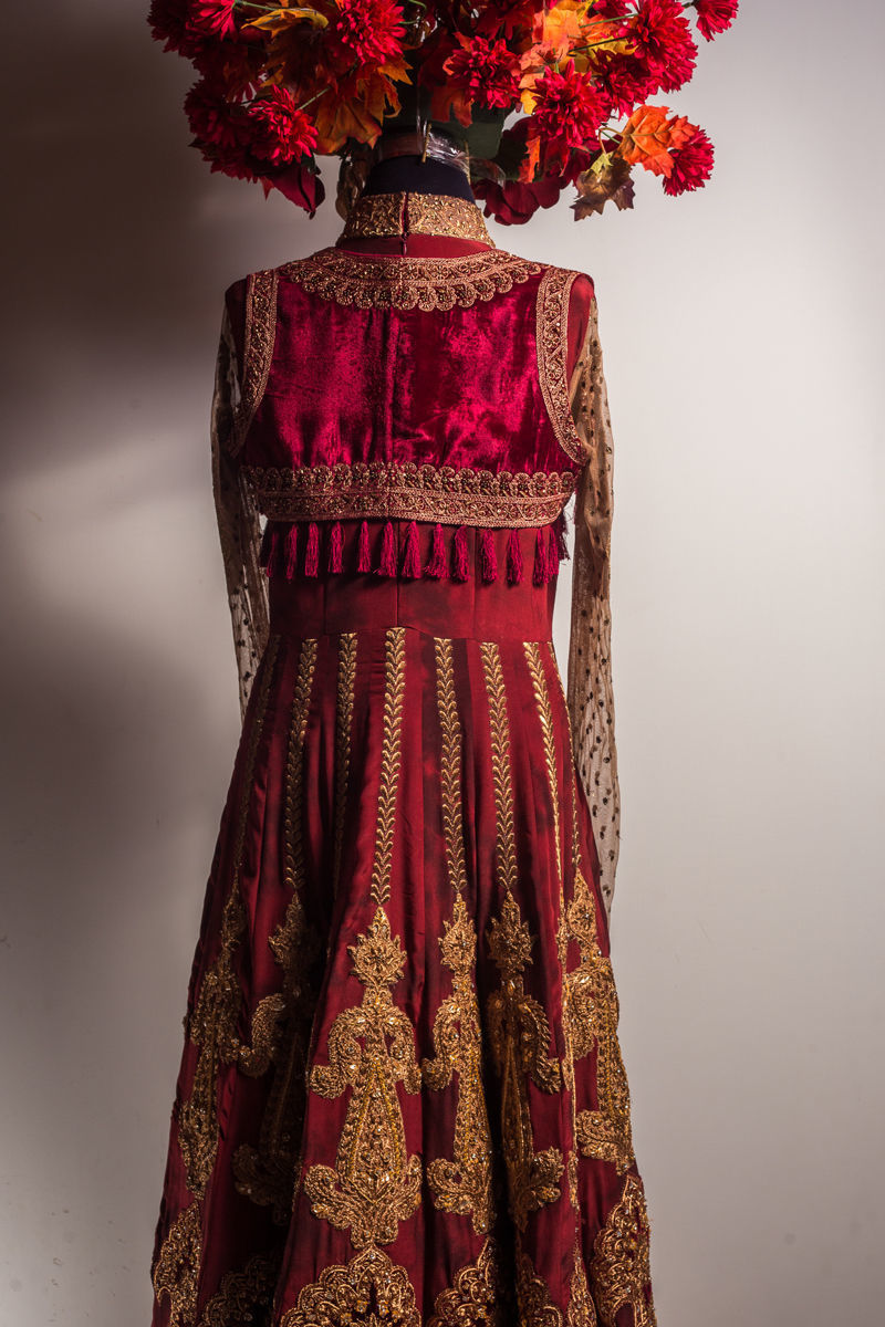 Pakistani Dark Maroon Embroidered Raw Silk Bridal Pishwas (1-Pc) - Image 5