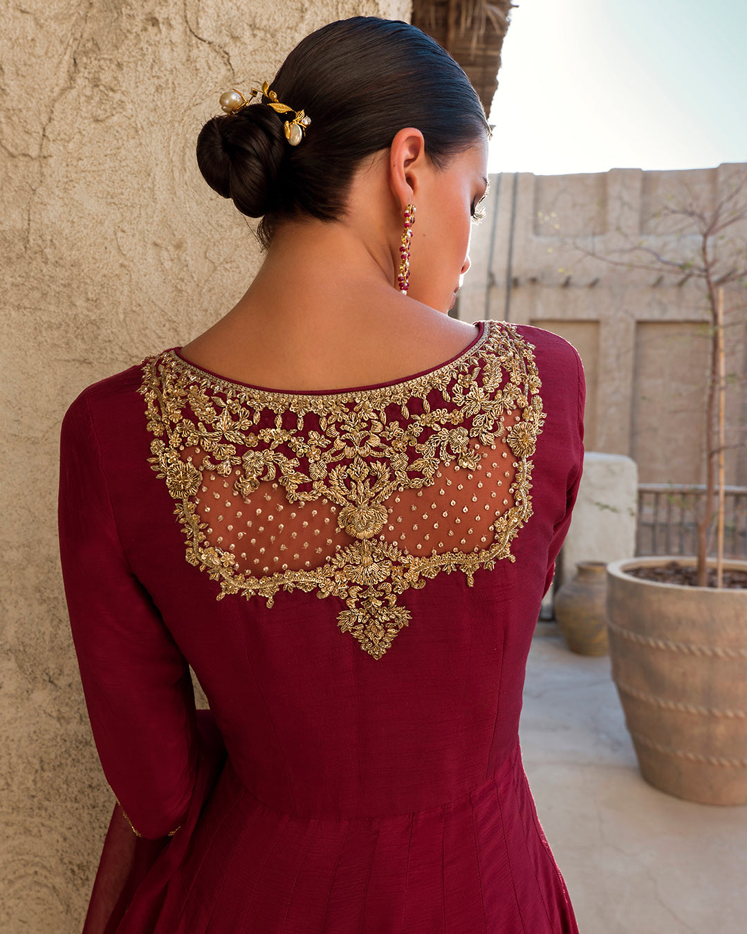 Maroon Embellished Korean Raw Silk Pishwas (3-Piece) - Image 3