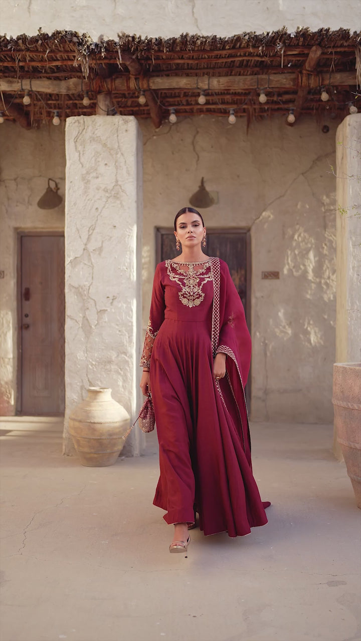 Maroon Embellished Korean Raw Silk Pishwas (3-Piece) - Image 8