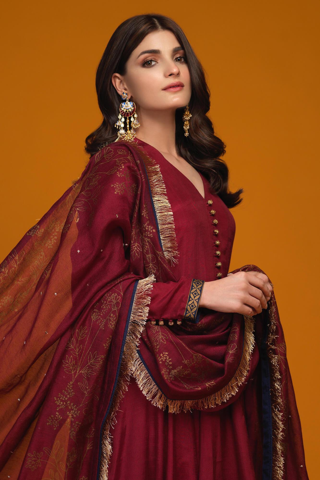 Pakistani Maroon Embellished Raw Silk Pishwas Dress (3-Piece) - Image 1