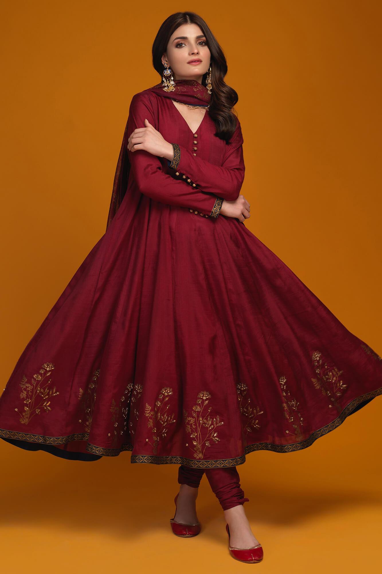 Pakistani Maroon Embellished Raw Silk Pishwas Dress (3-Piece) - Image 2