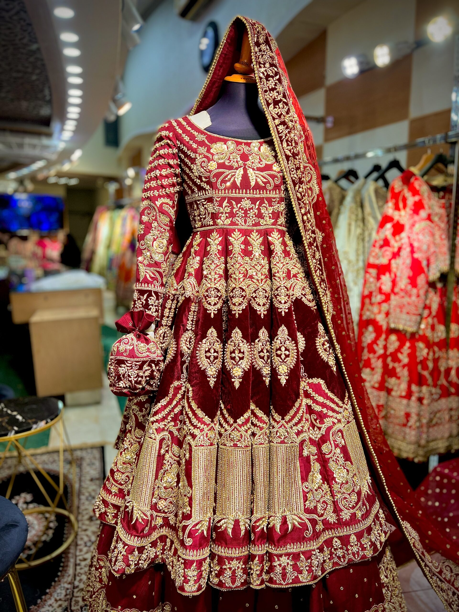 Pakistani Deep Maroon Embellished Raw Silk Bridal Pishwas (3-Piece) - Image 1