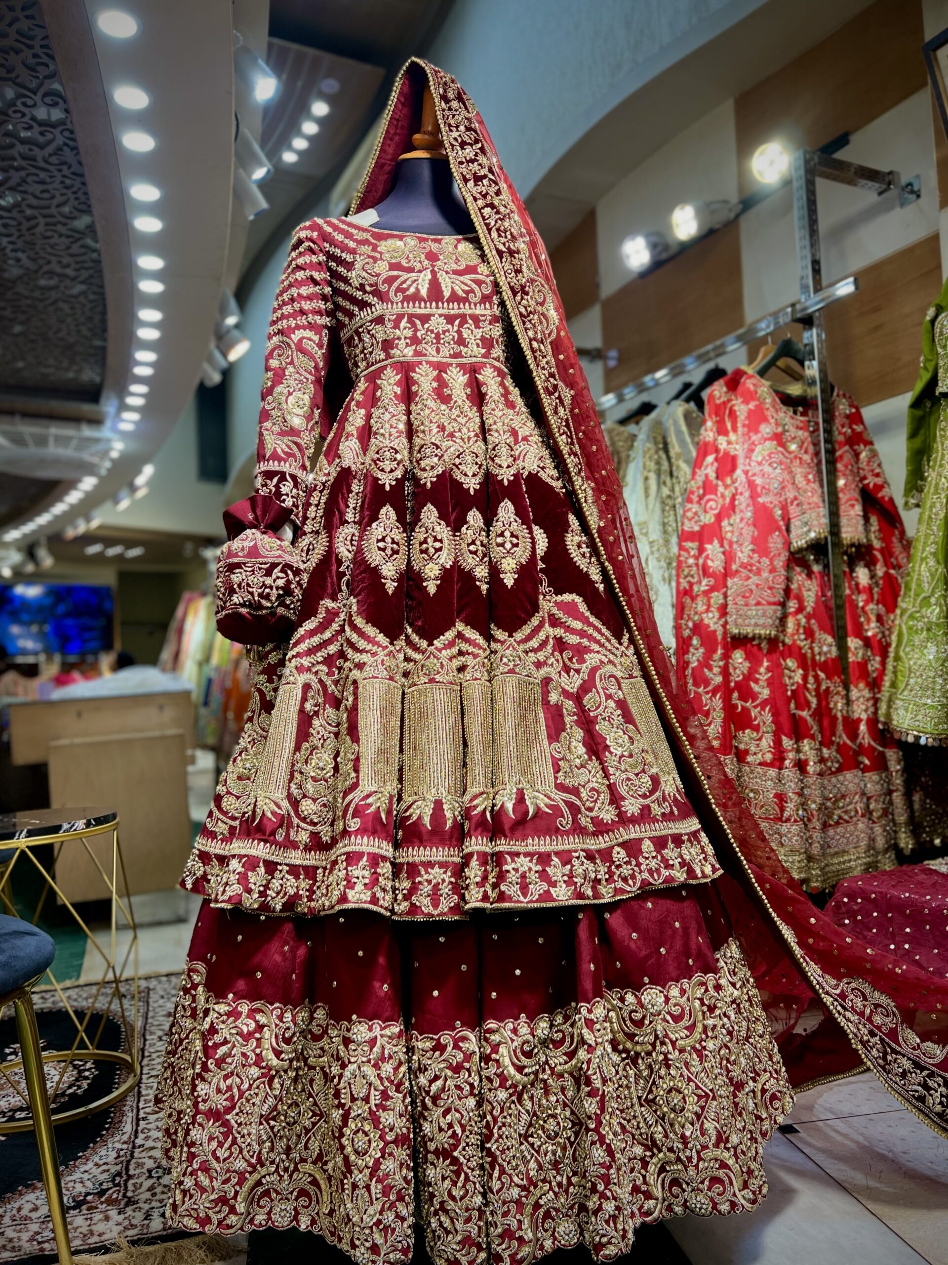 Pakistani Deep Maroon Embellished Raw Silk Bridal Pishwas (3-Piece) - Image 2