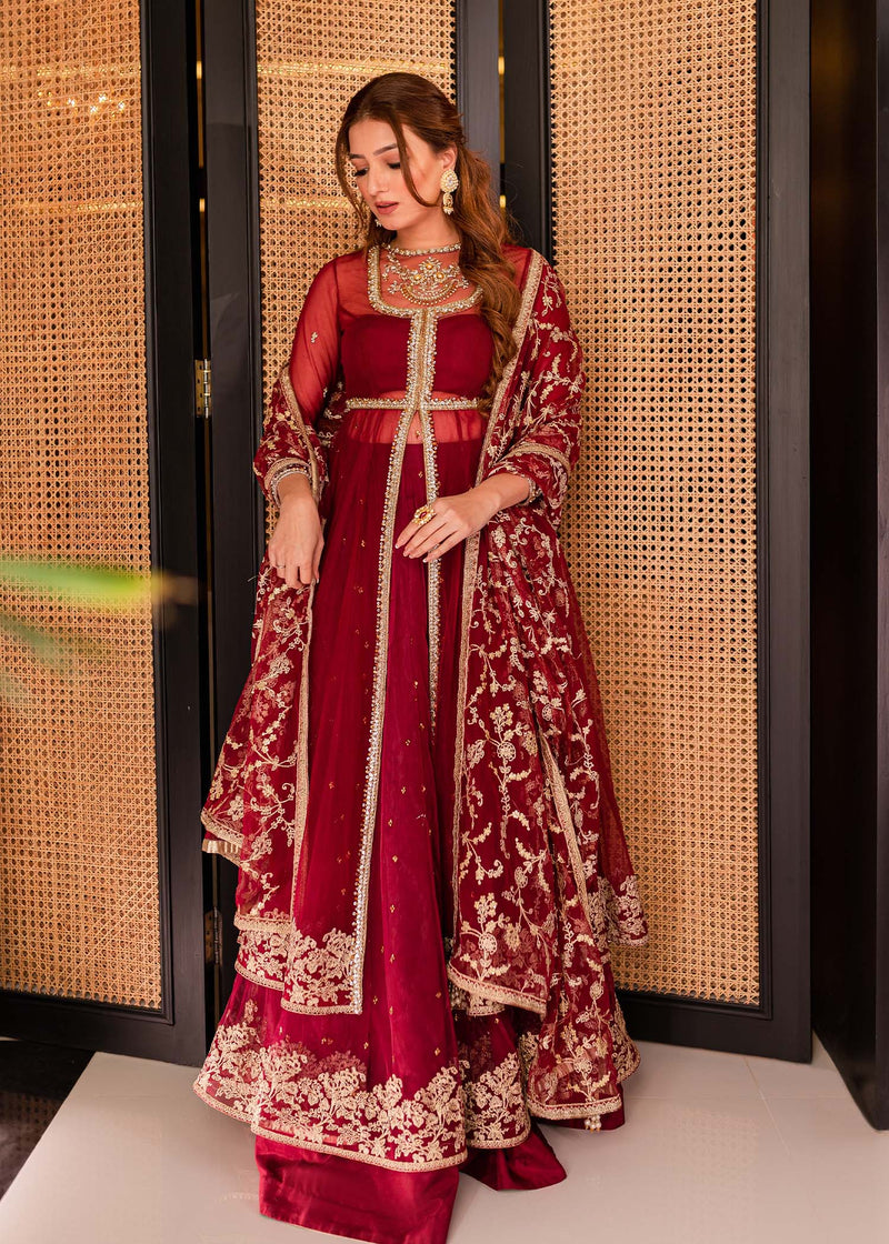 Burgundy Zardozi Net & Raw Silk Pishwas (3-Piece) - Image 1