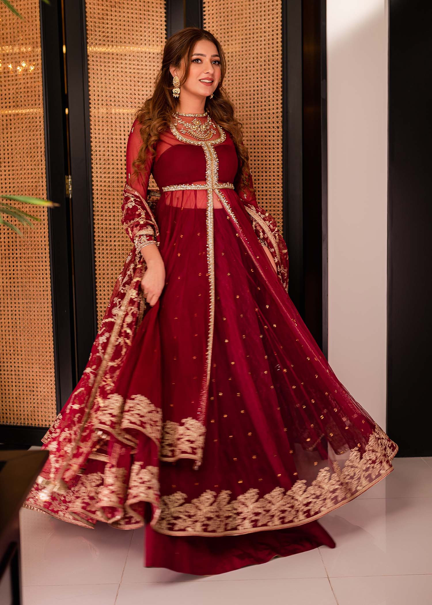 Burgundy Zardozi Net & Raw Silk Pishwas (3-Piece) - Image 3