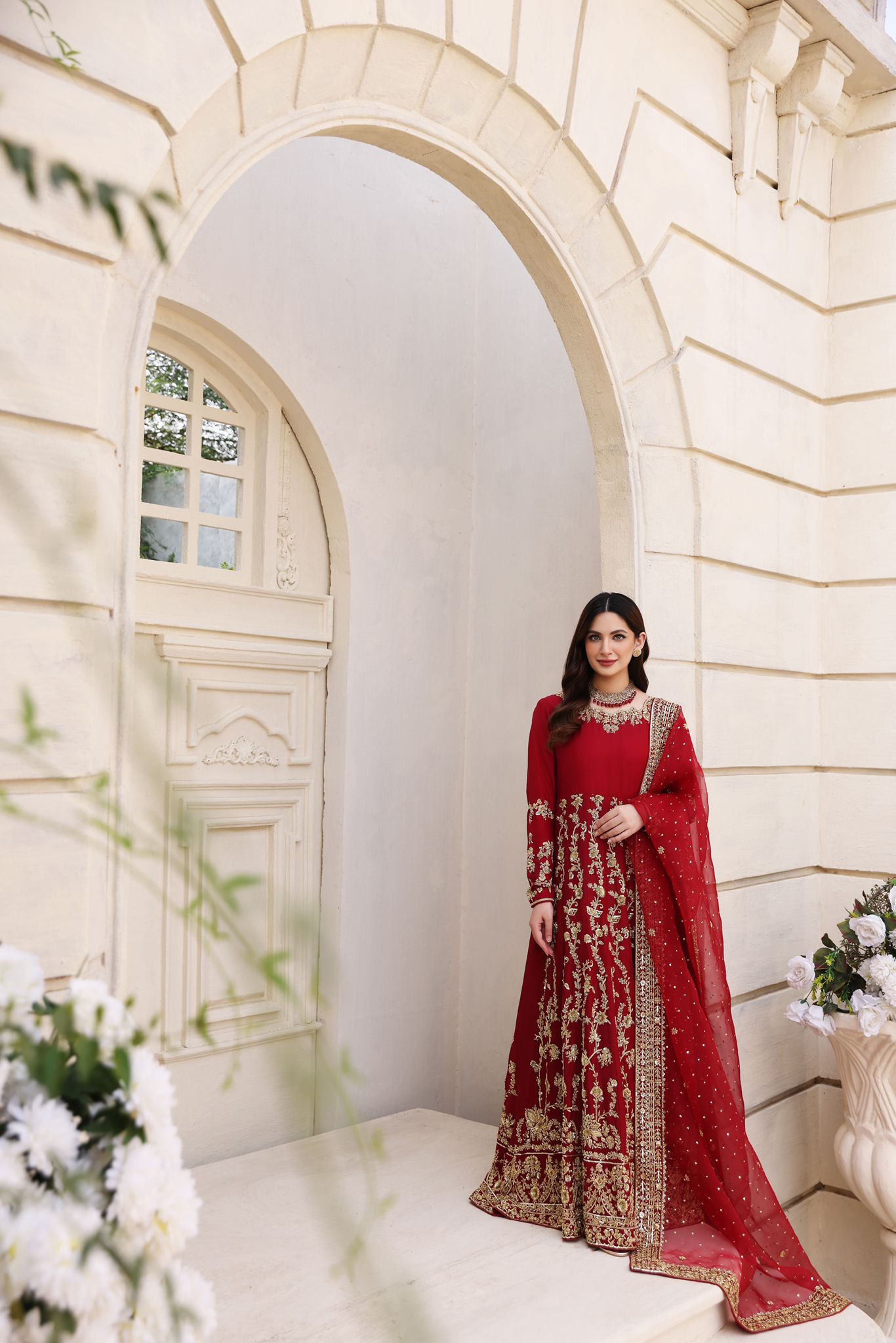 Deep Maroon Zardozi Raw Silk Pishwas (3-Piece) - Image 1