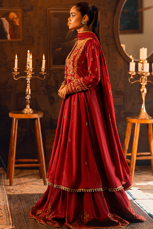 Maroon Zardozi PK Raw Silk Pishwas (3-Piece) - Image 3
