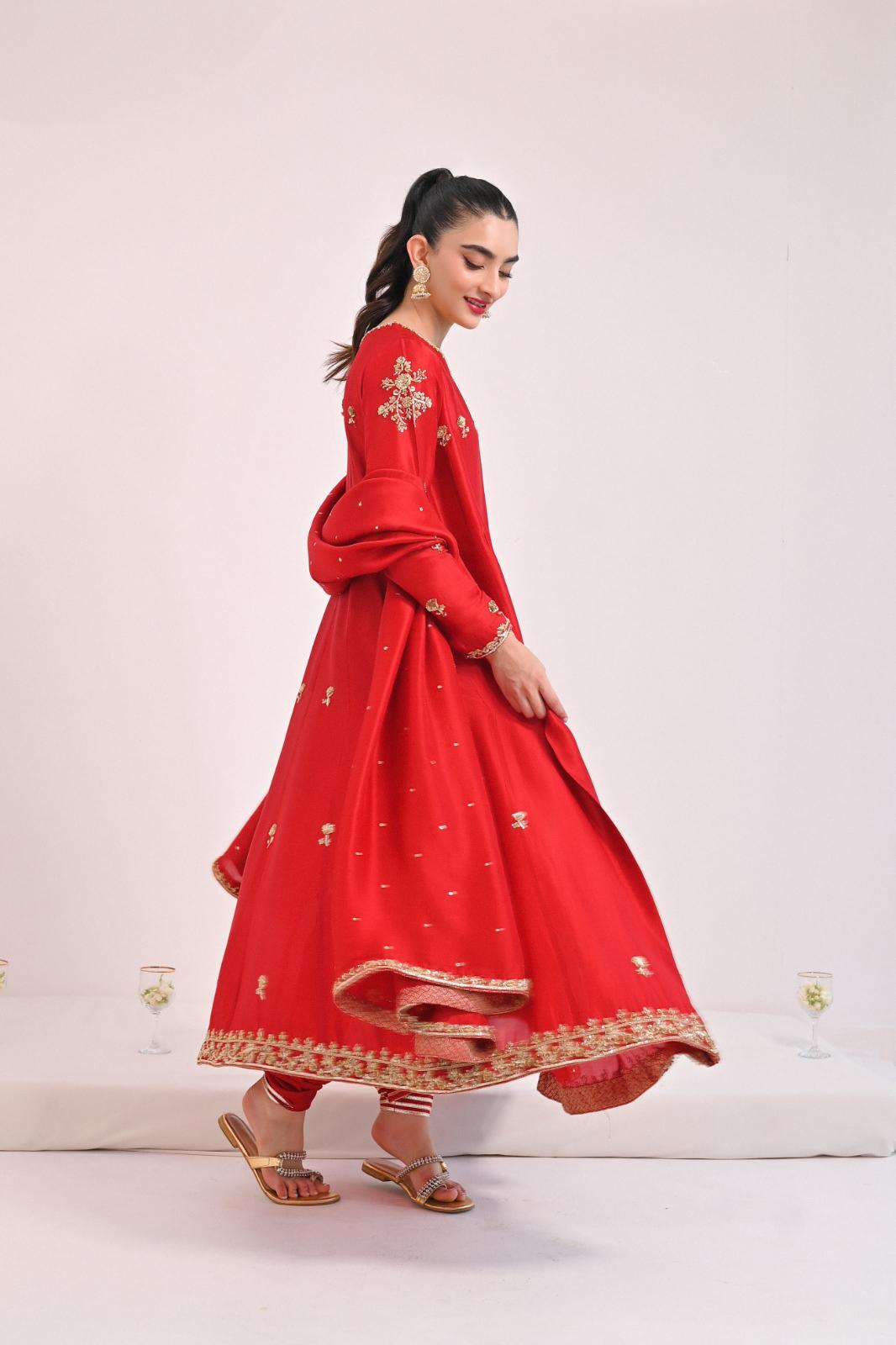 Maroon Hand-Embroidered Pure Raw Silk Pishwas (3-Piece) - Image 1