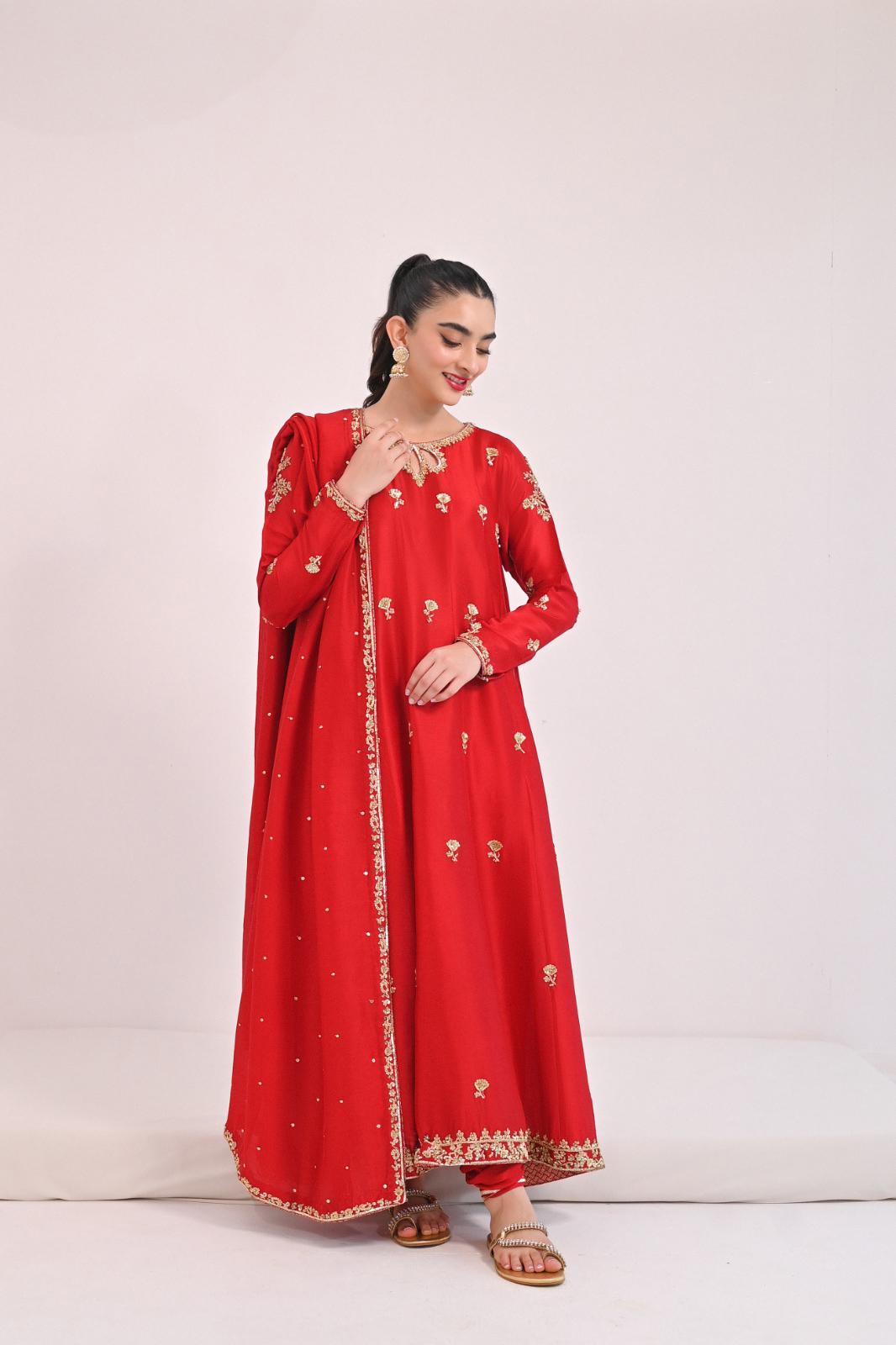 Maroon Hand-Embroidered Pure Raw Silk Pishwas (3-Piece) - Image 2