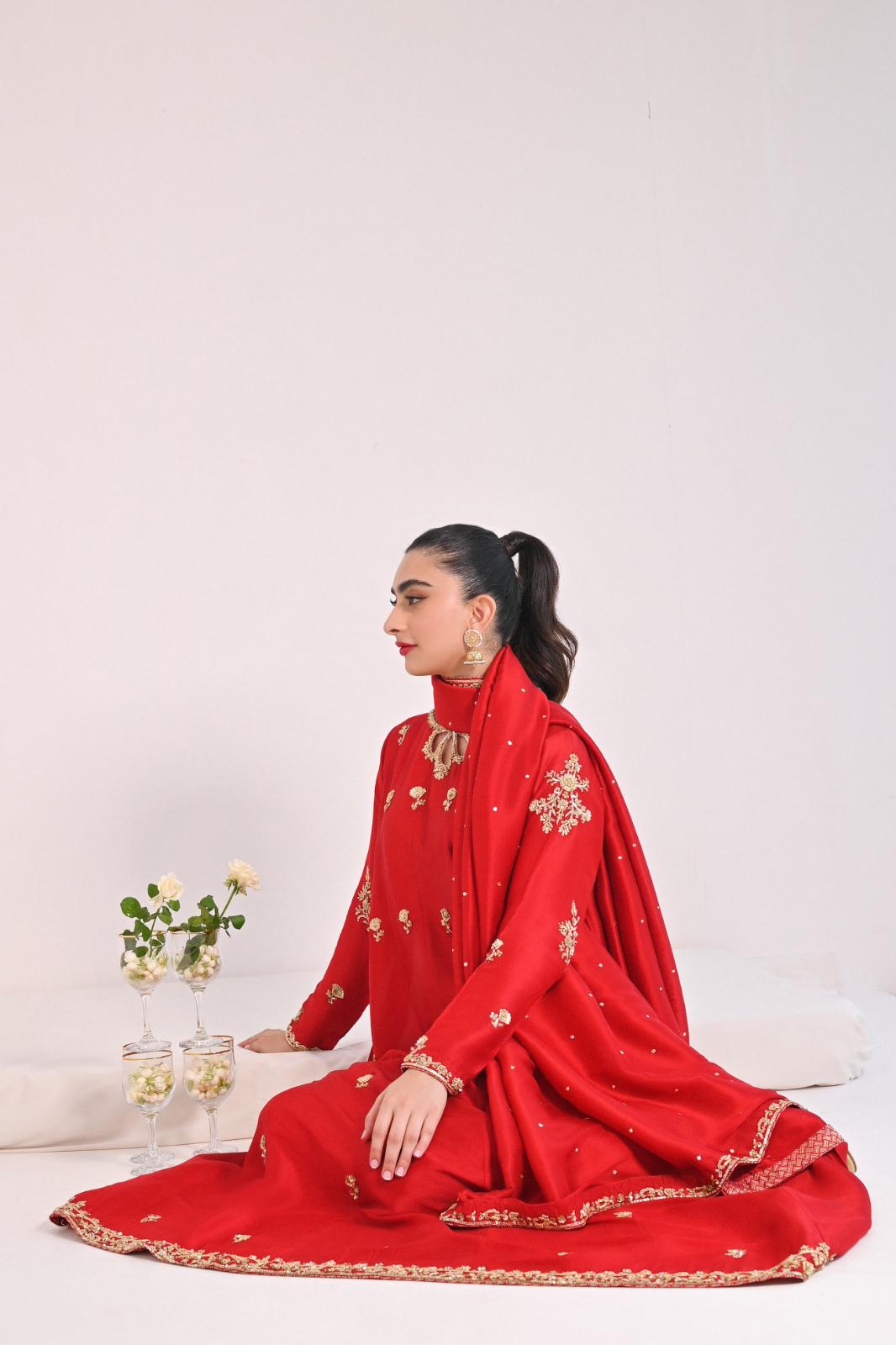 Maroon Hand-Embroidered Pure Raw Silk Pishwas (3-Piece) - Image 3