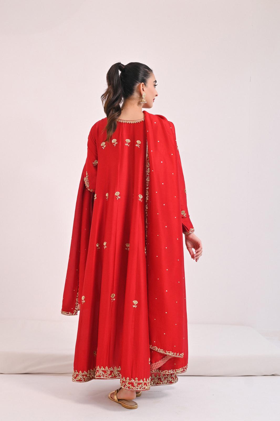 Maroon Hand-Embroidered Pure Raw Silk Pishwas (3-Piece) - Image 5