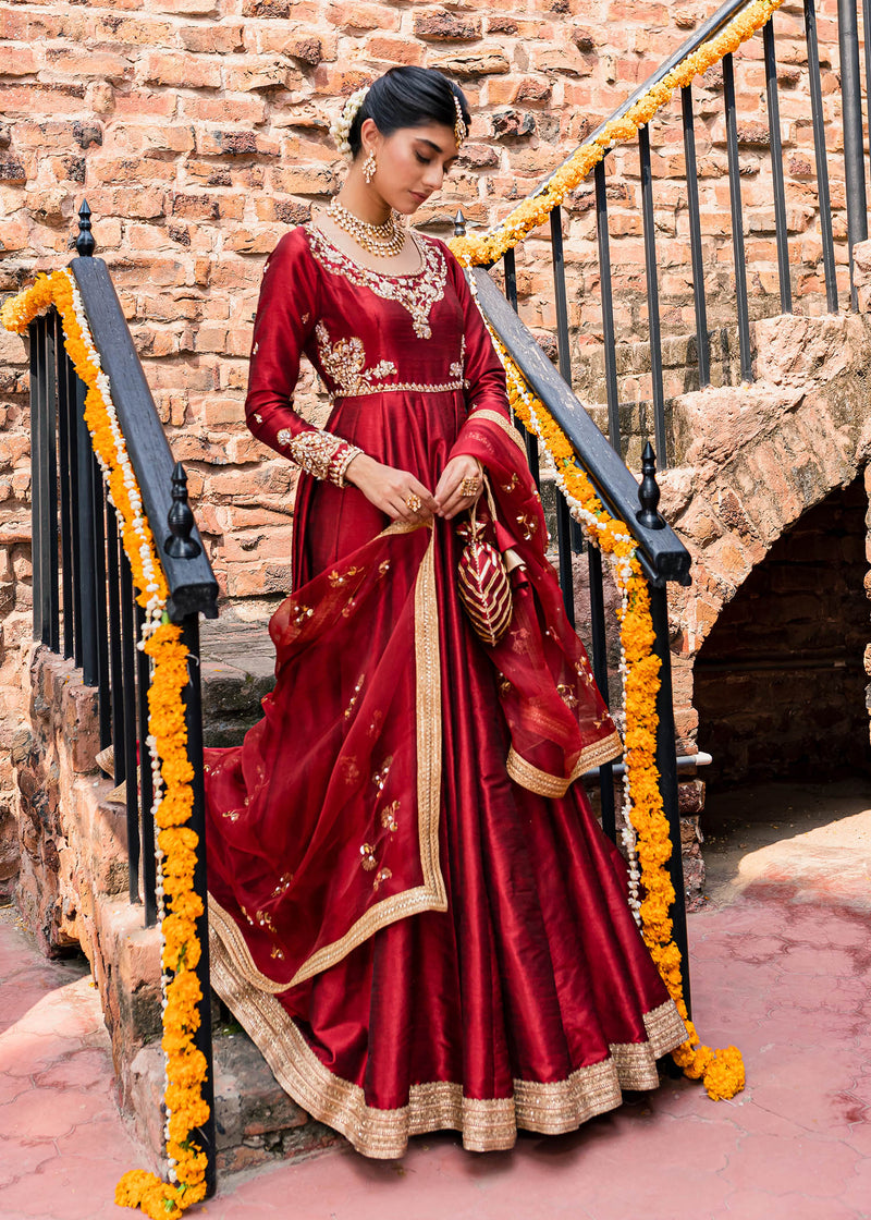 Pakistani Maroon Handcrafted Korean Rawsilk Pishwas (3-Piece) - Image 1