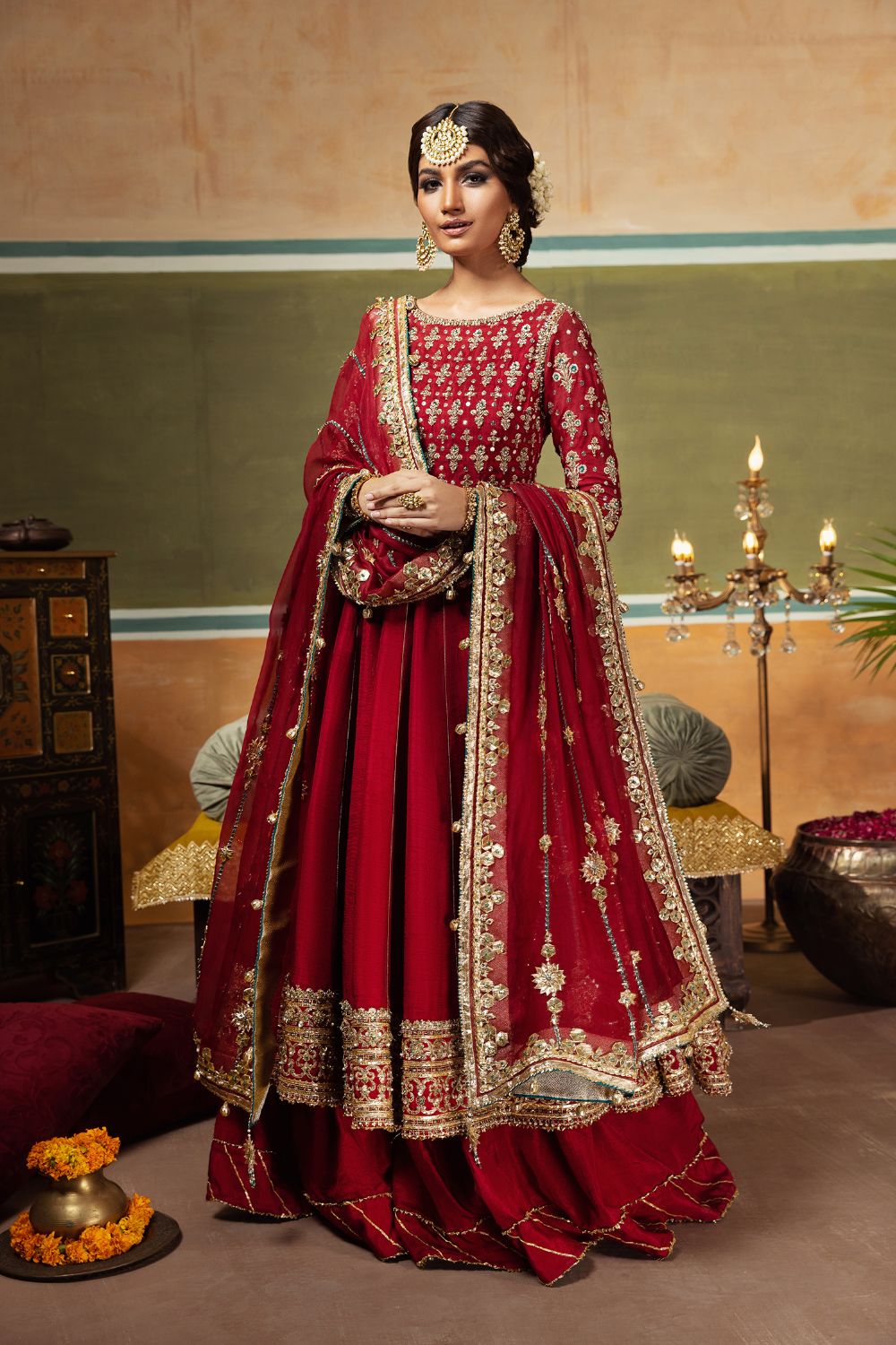 Maroon Embroidered Silk Pishwas Dress (3-Piece) - Image 1