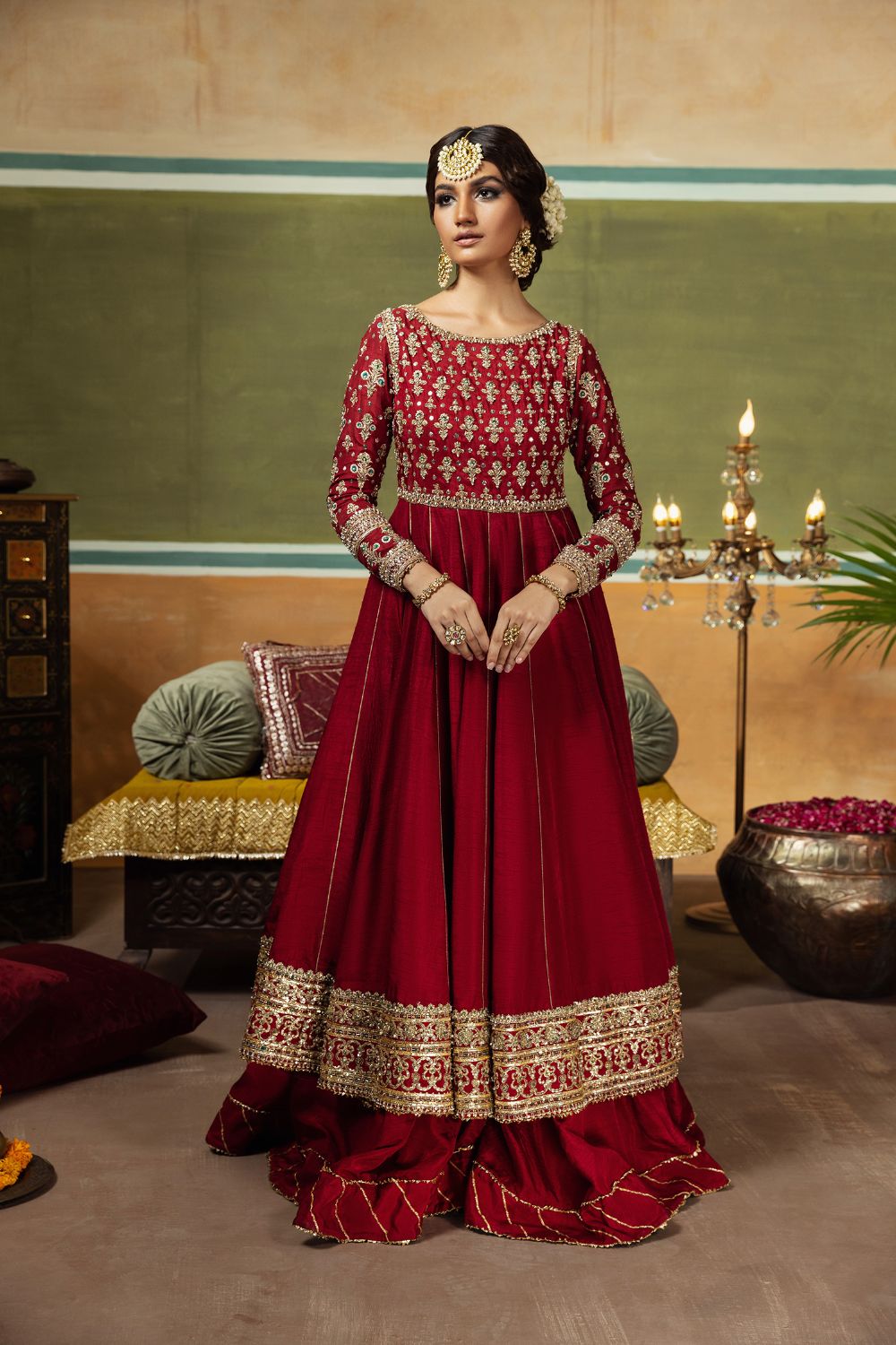Maroon Embroidered Silk Pishwas Dress (3-Piece) - Image 2