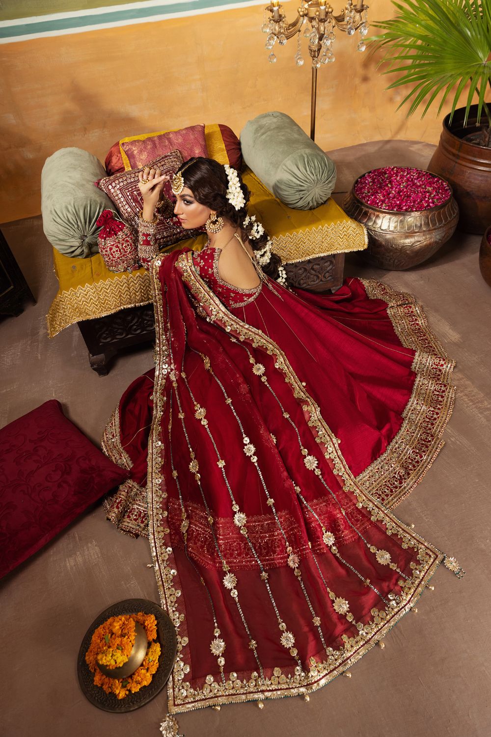 Maroon Embroidered Silk Pishwas Dress (3-Piece) - Image 3