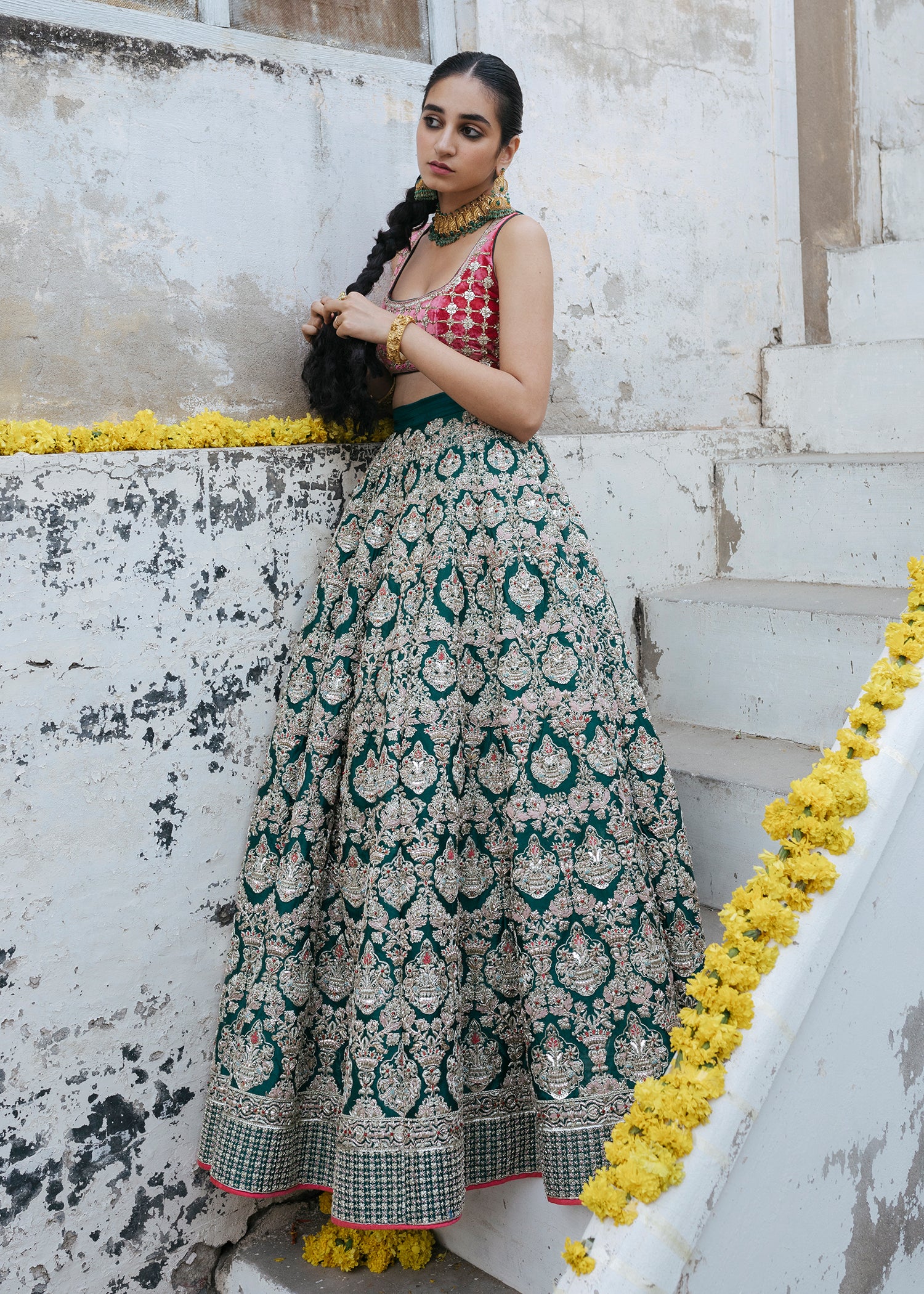 Indian Deep Maroon and Emerald Embroidered Silk Pishwas (1-Pc) - Image 10