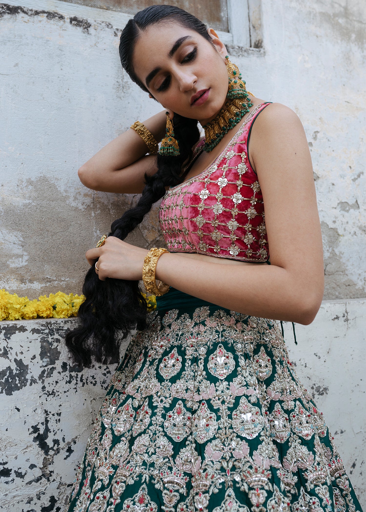 Indian Deep Maroon and Emerald Embroidered Silk Pishwas (1-Pc) - Image 11