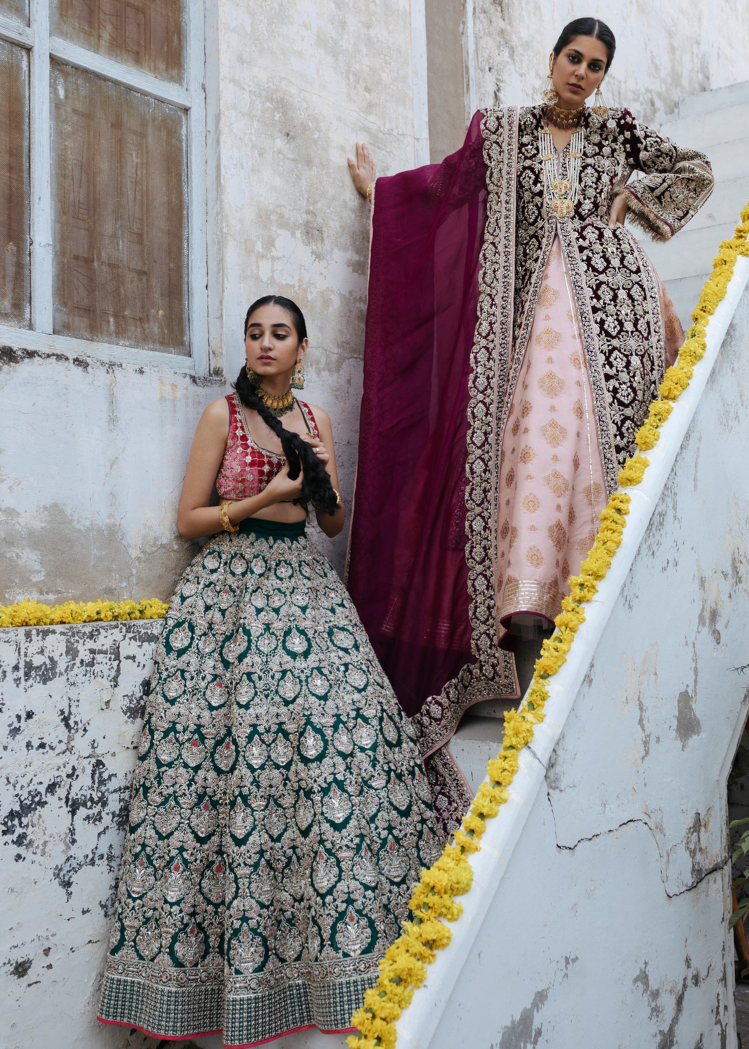Indian Deep Maroon and Emerald Embroidered Silk Pishwas (1-Pc) - Image 12