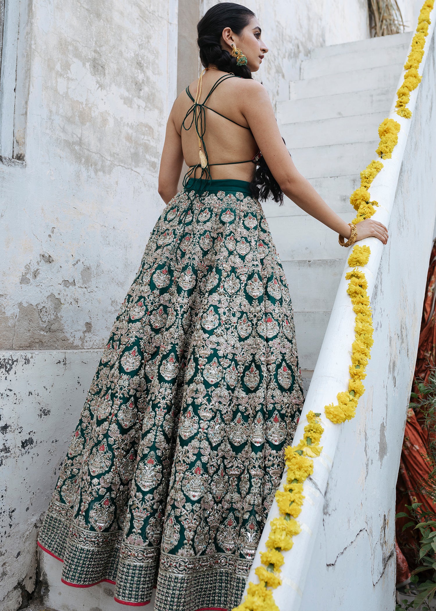 Indian Deep Maroon and Emerald Embroidered Silk Pishwas (1-Pc) - Image 13