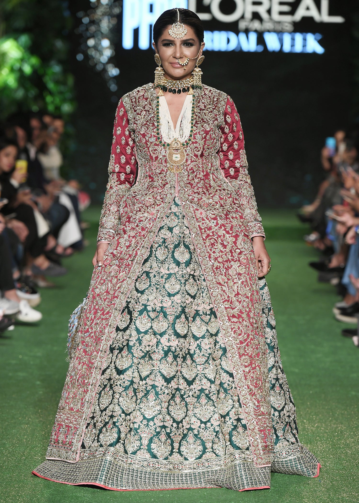 Indian Deep Maroon and Emerald Embroidered Silk Pishwas (1-Pc) - Image 14