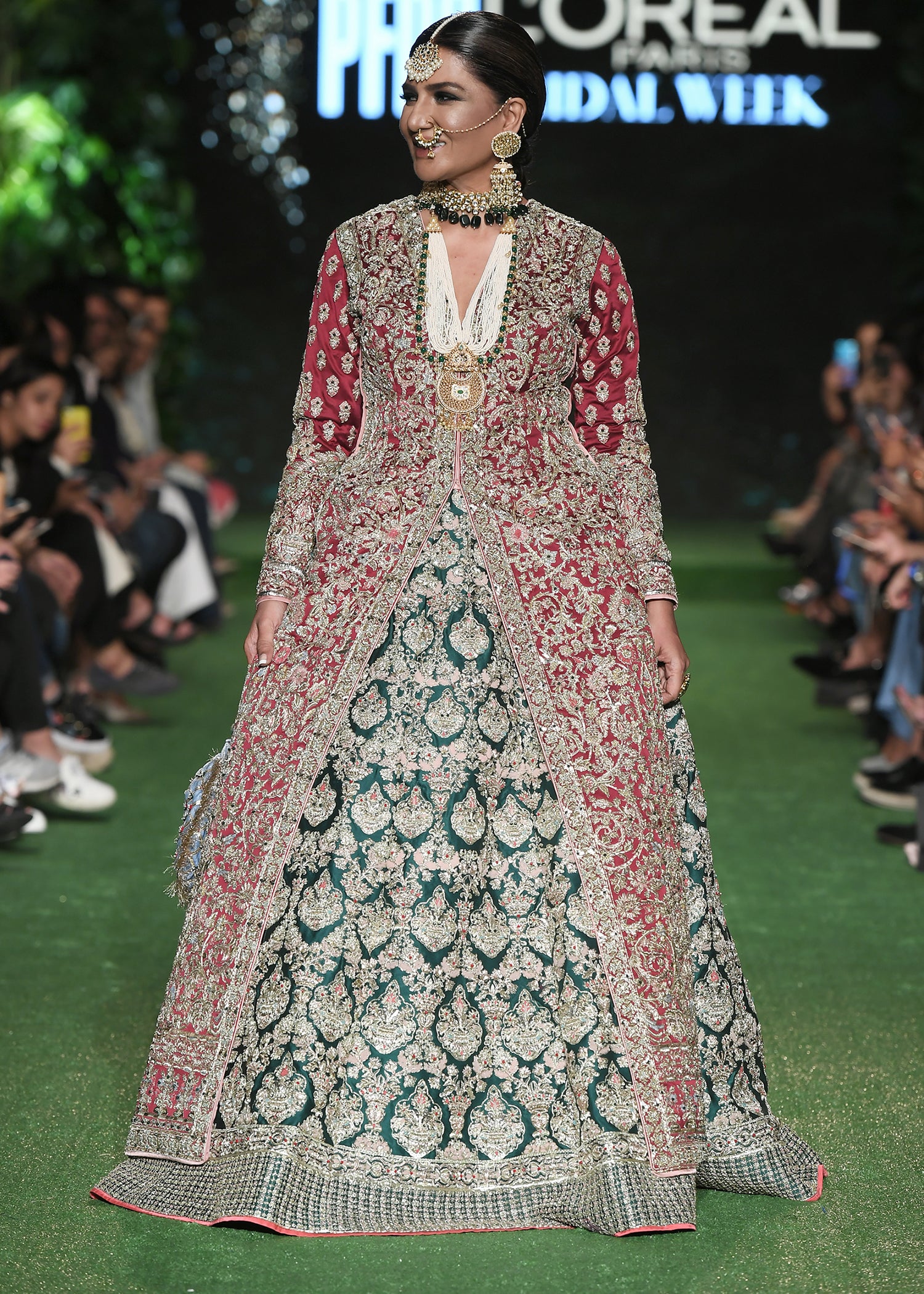 Indian Deep Maroon and Emerald Embroidered Silk Pishwas (1-Pc) - Image 15