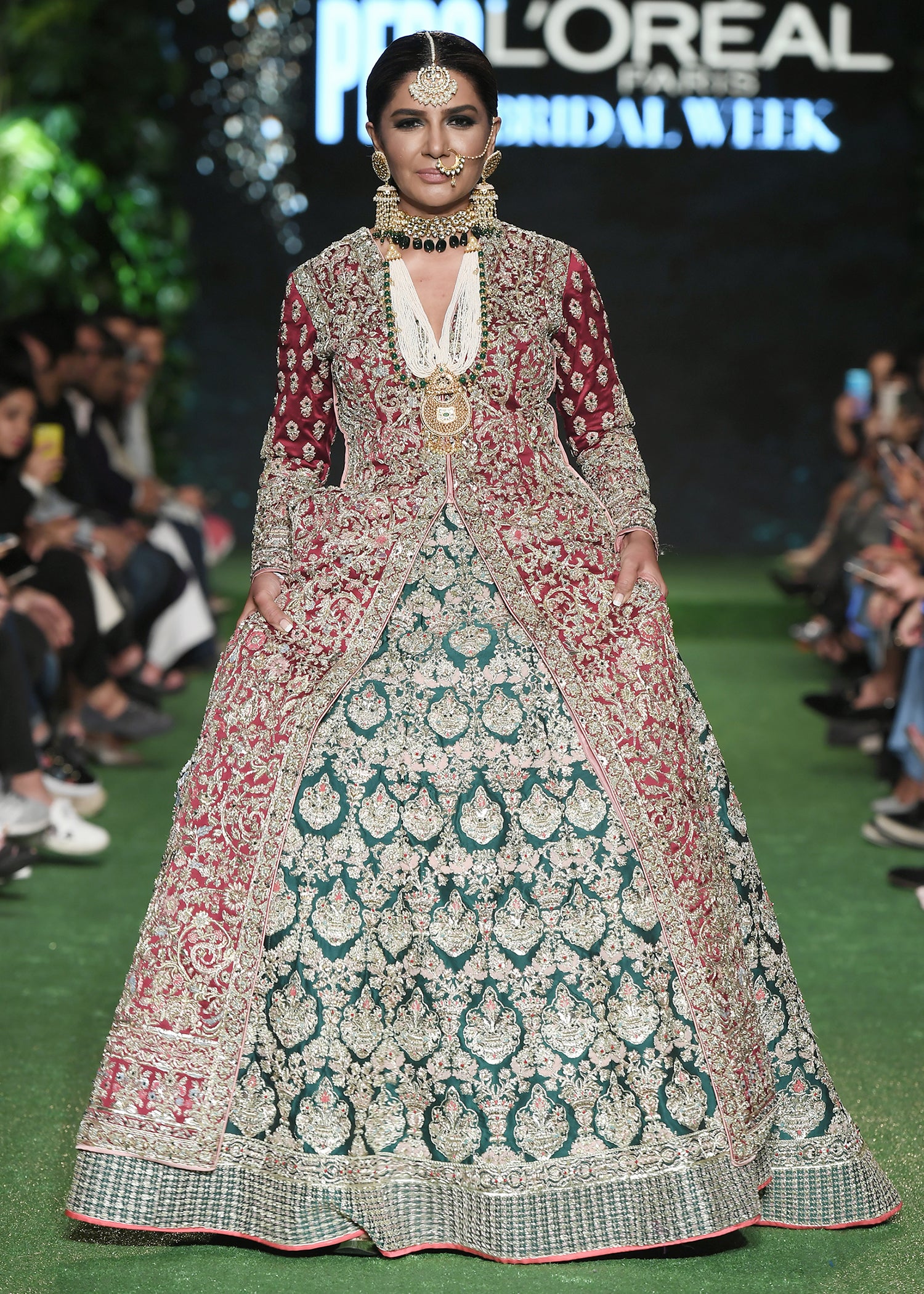 Indian Deep Maroon and Emerald Embroidered Silk Pishwas (1-Pc) - Image 16