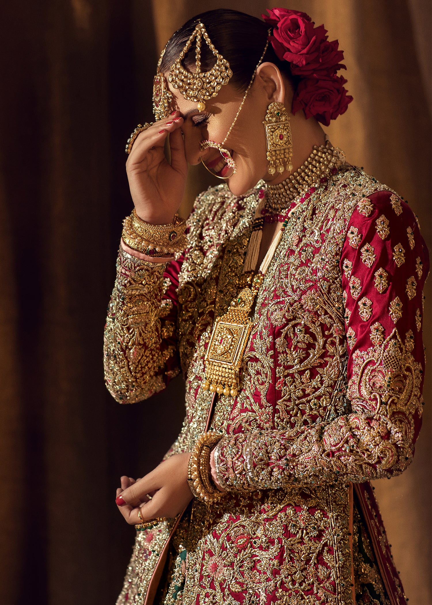 Indian Deep Maroon and Emerald Embroidered Silk Pishwas (1-Pc) - Image 17