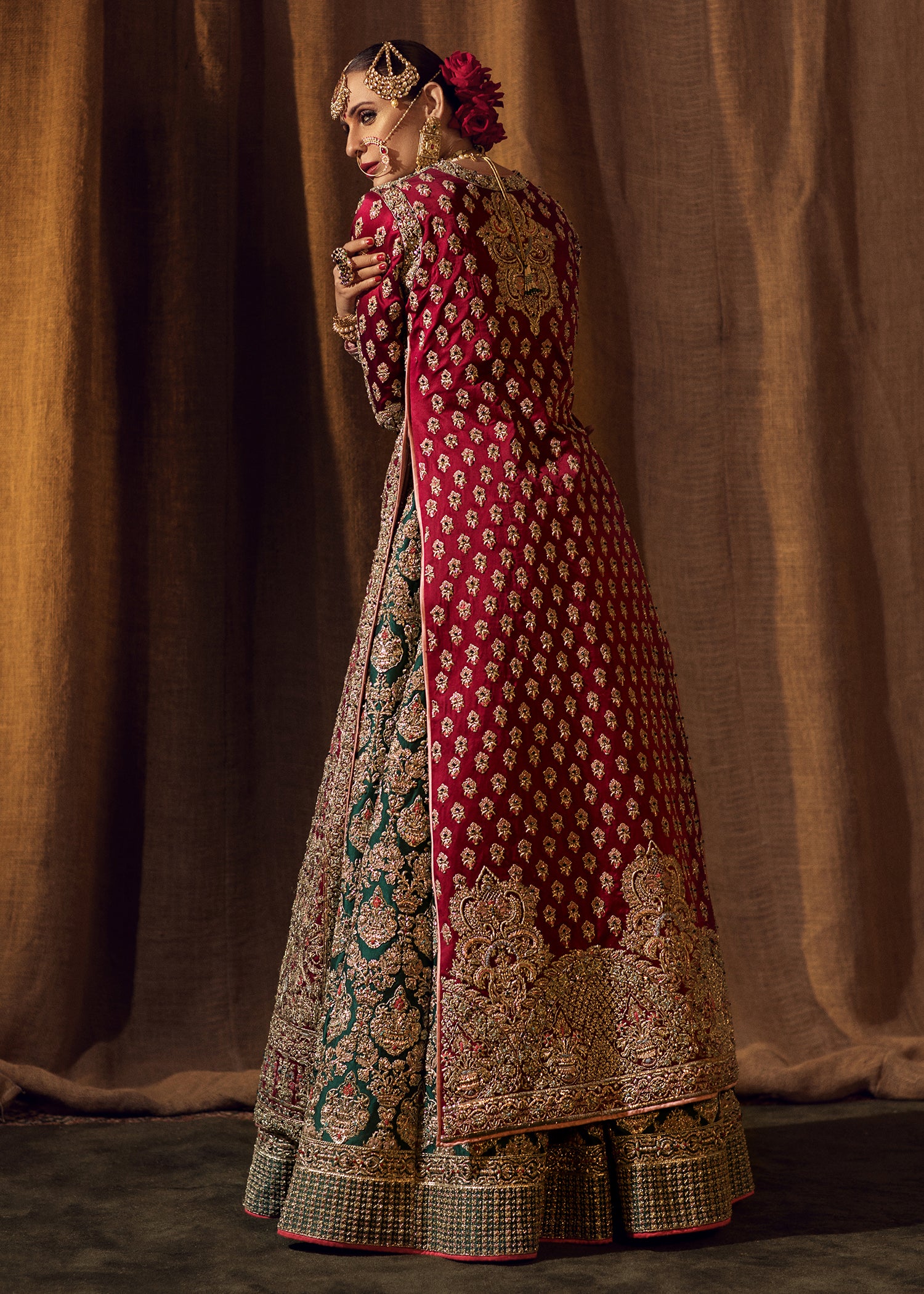 Indian Deep Maroon and Emerald Embroidered Silk Pishwas (1-Pc) - Image 18