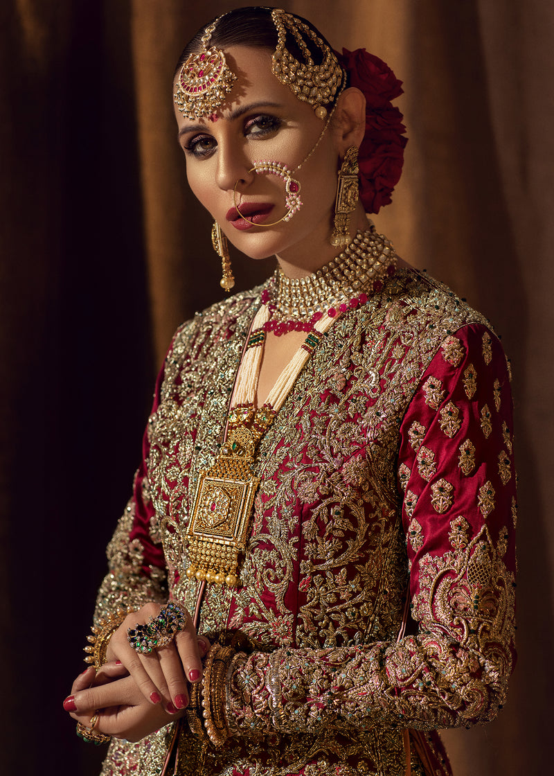 Indian Deep Maroon and Emerald Embroidered Silk Pishwas (1-Pc) - Image 19