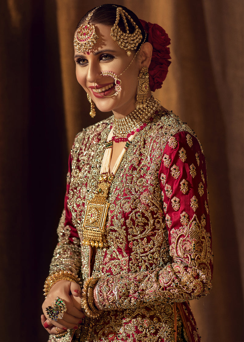 Indian Deep Maroon and Emerald Embroidered Silk Pishwas (1-Pc) - Image 20