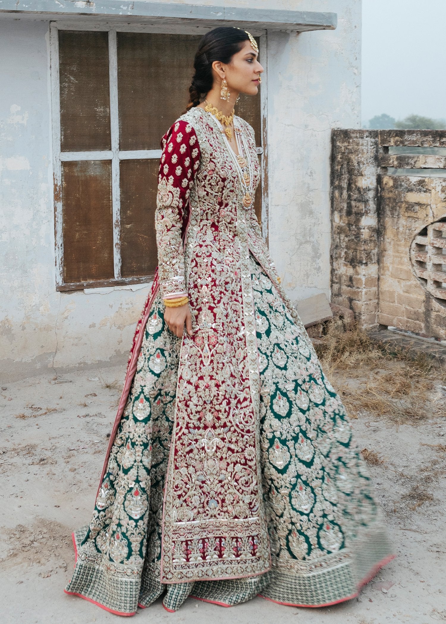 Indian Deep Maroon and Emerald Embroidered Silk Pishwas (1-Pc) - Image 7