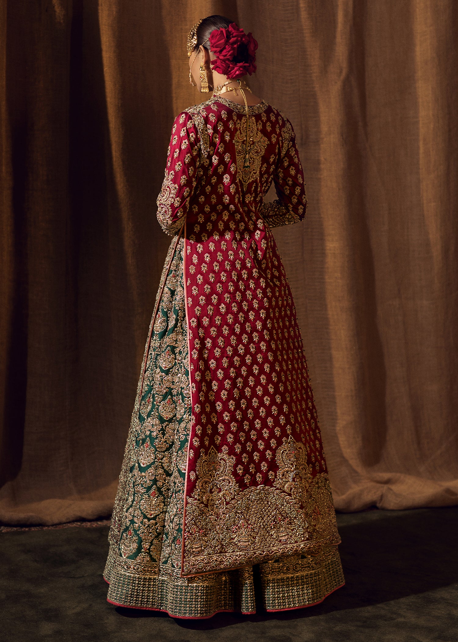 Indian Deep Maroon and Emerald Embroidered Silk Pishwas (1-Pc) - Image 9