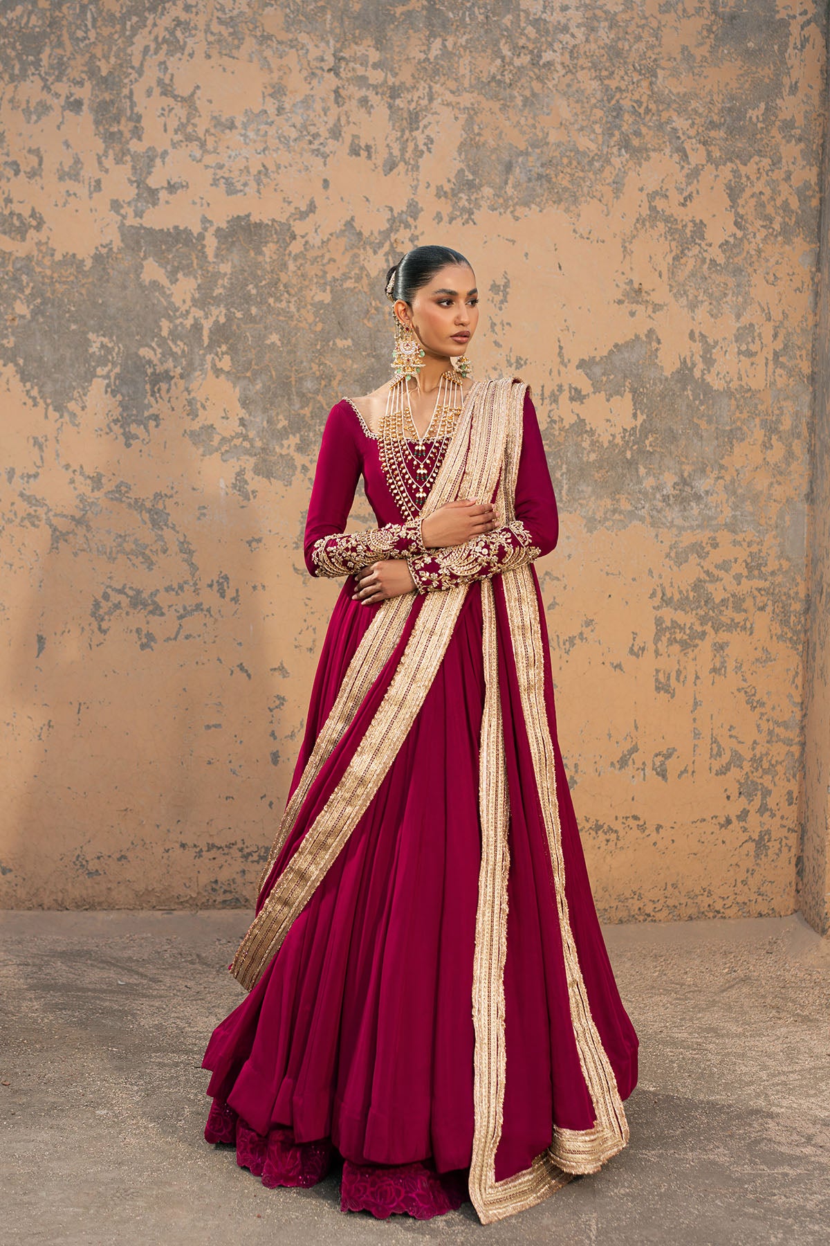 Pakistani Marsala Zardozi Silk Chiffon Pishwas (3-Piece) - Image 1