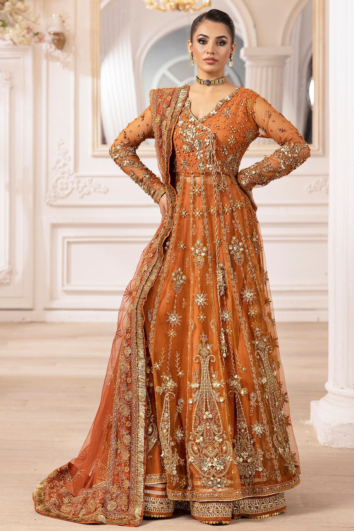 Rust Hand-Embellished Silk Net Bridal Pishwas (3-Piece) - Image 1