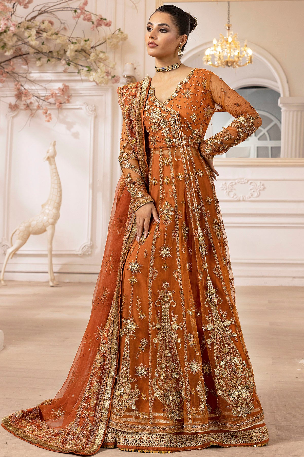 Rust Hand-Embellished Silk Net Bridal Pishwas (3-Piece) - Image 2