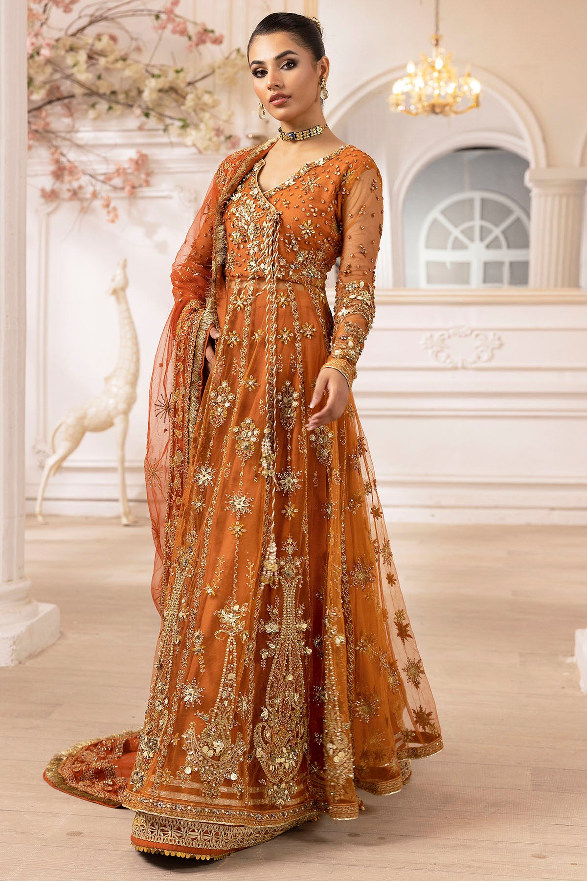Rust Hand-Embellished Silk Net Bridal Pishwas (3-Piece) - Image 4