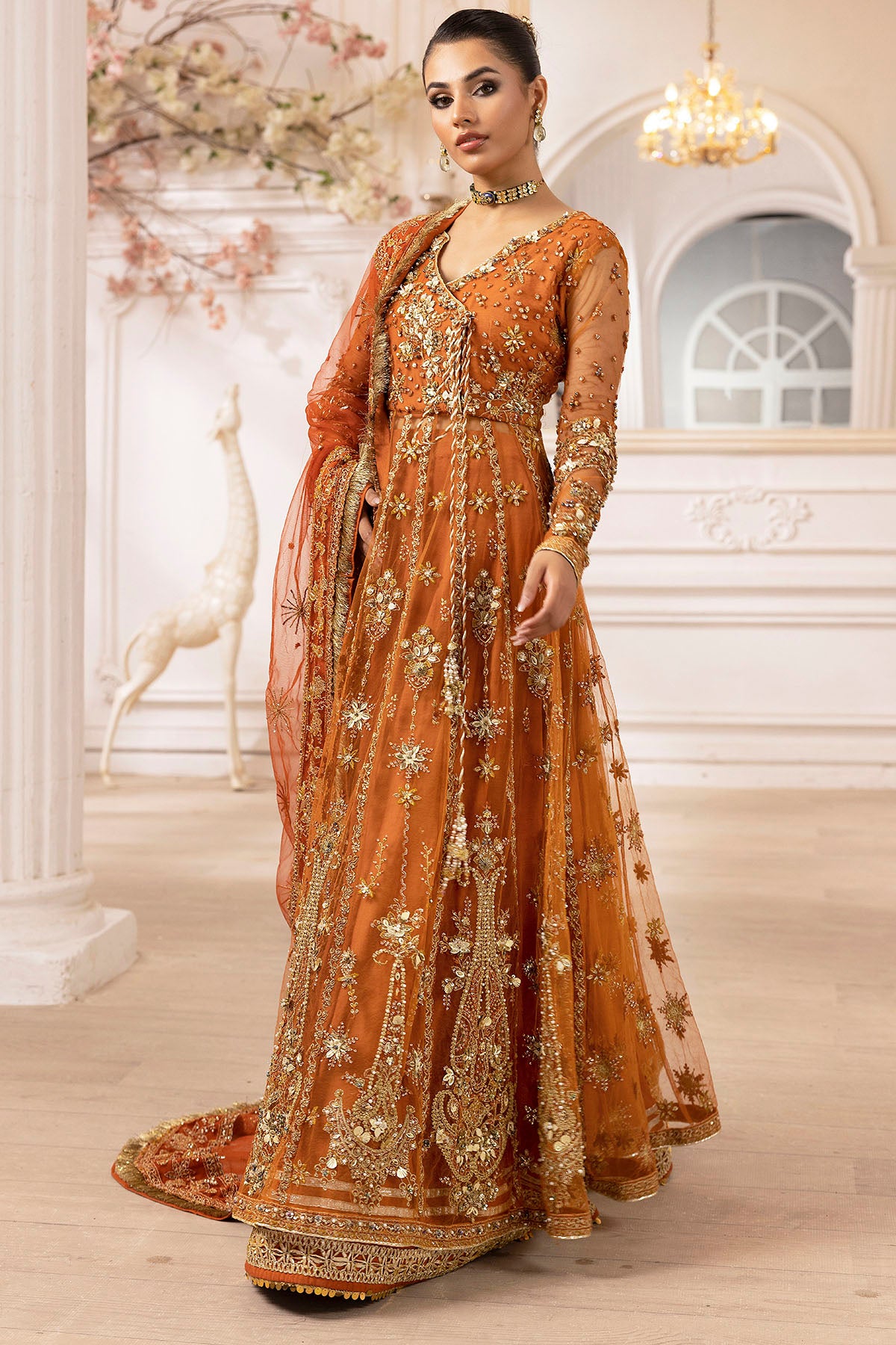Rust Hand-Embellished Silk Net Bridal Pishwas (3-Piece) - Image 6