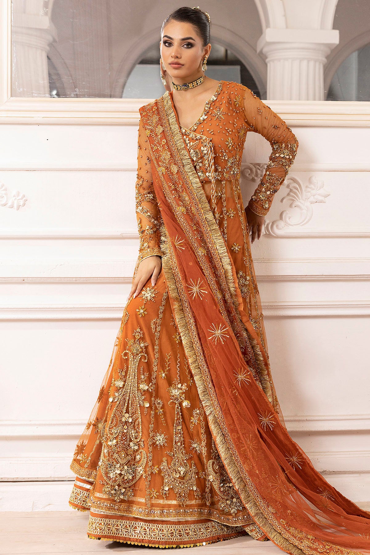 Rust Hand-Embellished Silk Net Bridal Pishwas (3-Piece) - Image 7