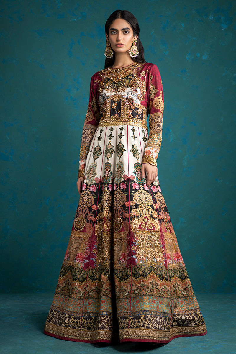Pakistani Multicolour Zardozi Silk Pishwas Dress (2-Piece) - Image 1