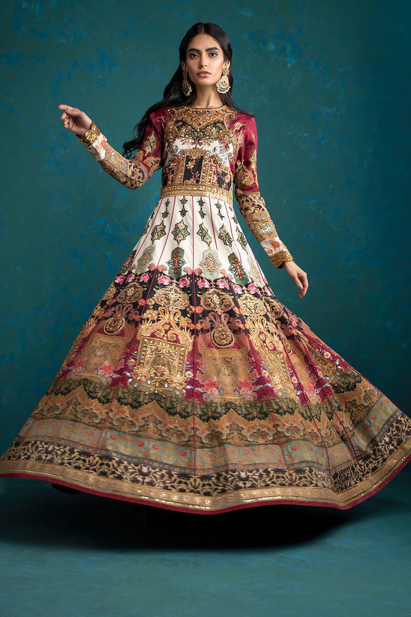 Pakistani Multicolour Zardozi Silk Pishwas Dress (2-Piece) - Image 2
