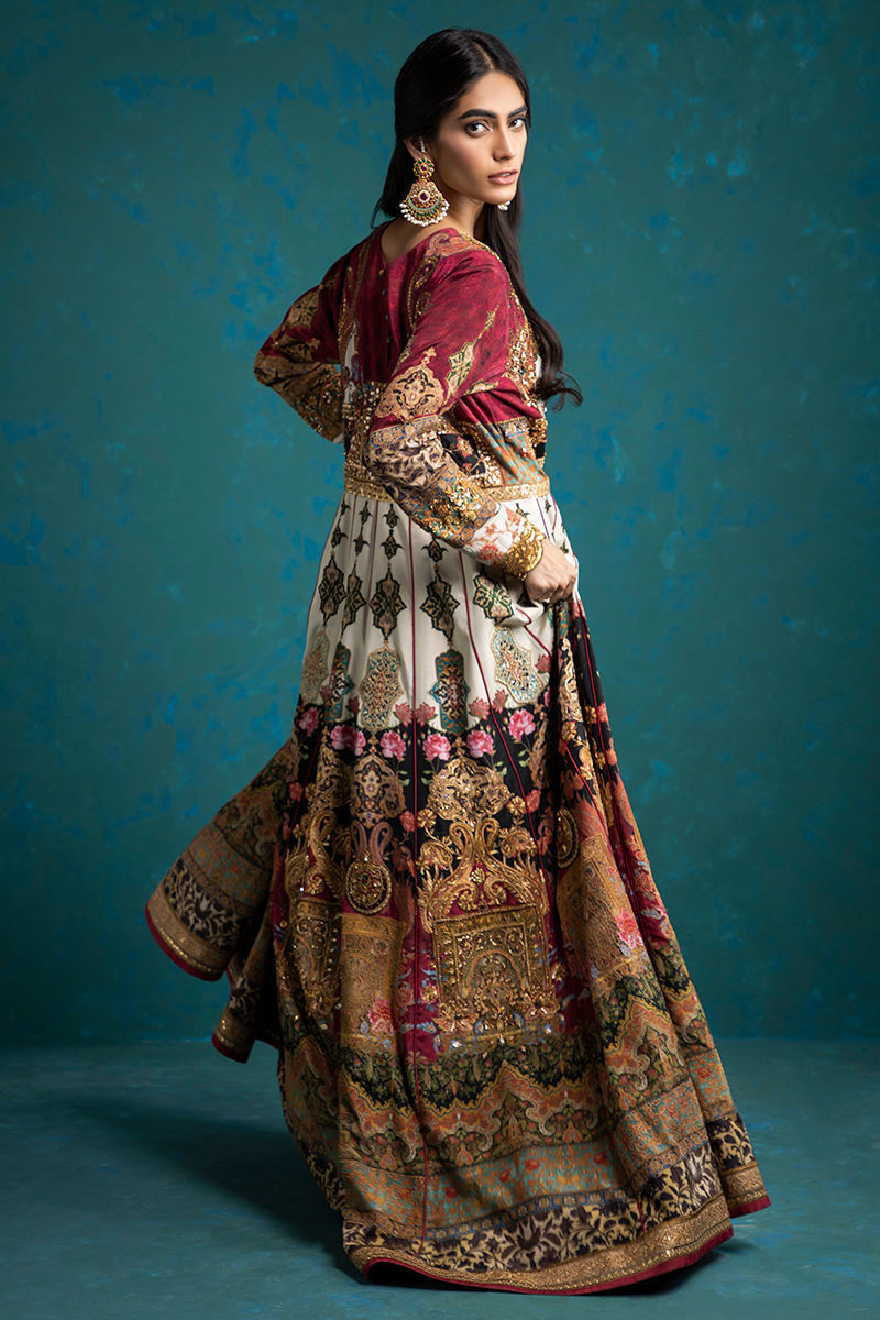 Pakistani Multicolour Zardozi Silk Pishwas Dress (2-Piece) - Image 3