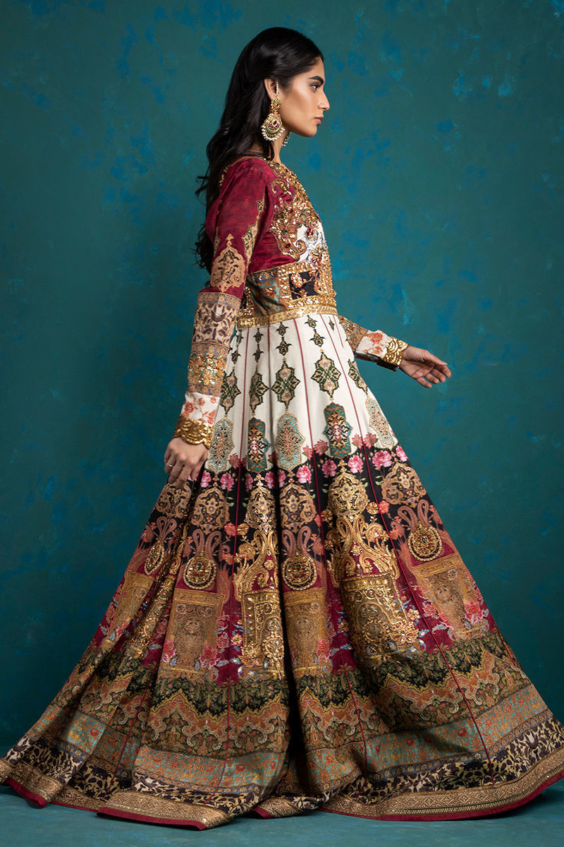 Pakistani Multicolour Zardozi Silk Pishwas Dress (2-Piece) - Image 4