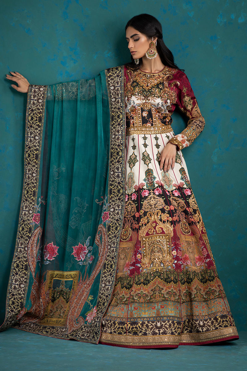 Pakistani Multicolour Zardozi Silk Pishwas Dress (2-Piece) - Image 5